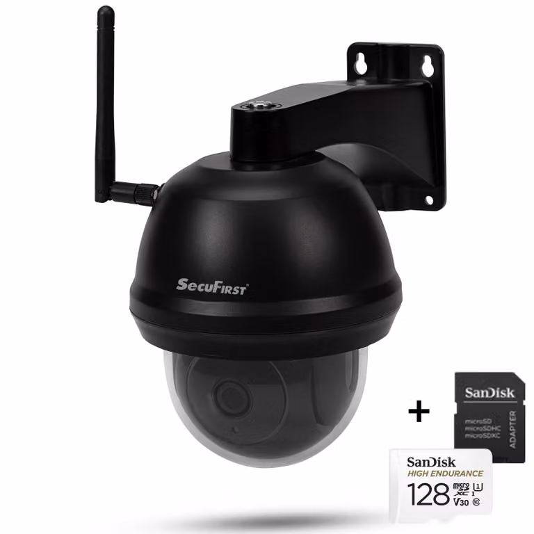 SecuFirst Telecamera di sorveglianza all'aperto WLAN, 128 GB di memoria locale, sorveglianza telecamera IP PTZ Wifi all'aperto, 1080P, AI Motion Detector, allarme sirena.
