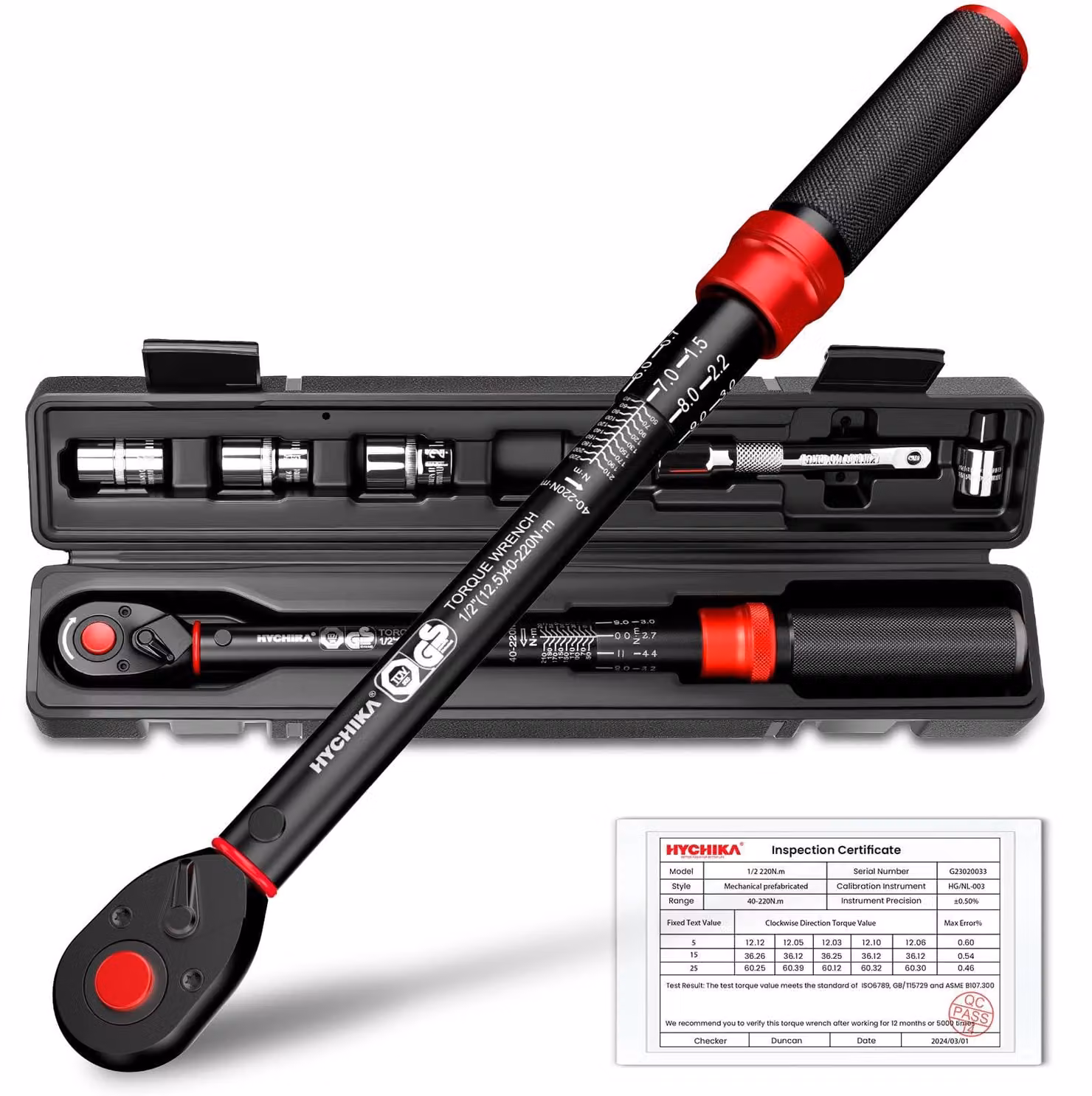 Chiave dinamometrica HYCHIKA da 1/2", con precisione di ±2%, portata da 40 a 220 Nm.