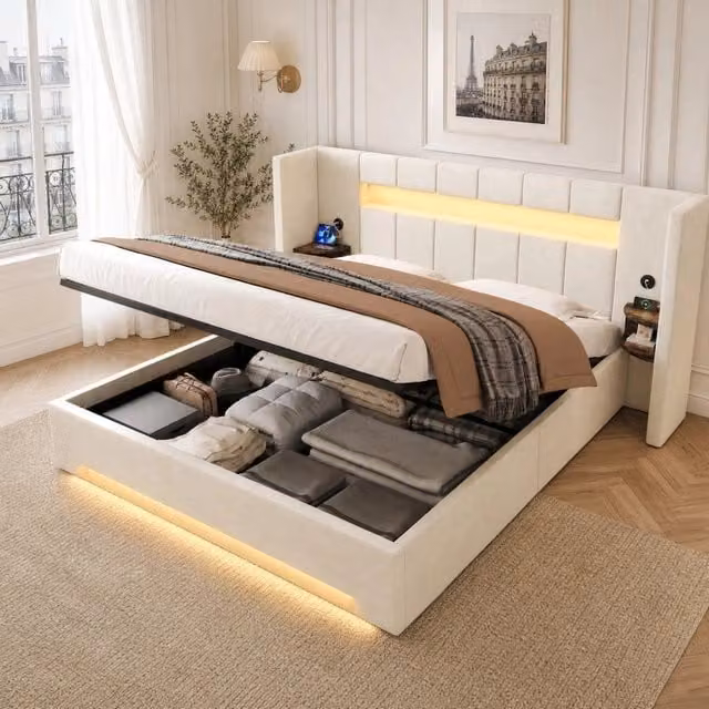 Letto matrimoniale ULEVR 180x200 cm in velluto beige con contenitore idraulico, LED, 2 porte USB e mobili laterali