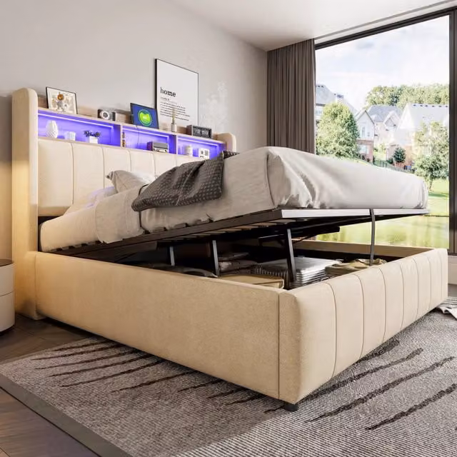 Letto matrimoniale contenitore imbottito 160x200 cm con LED, USB e ripiani nella testiera, lino beige, senza materasso