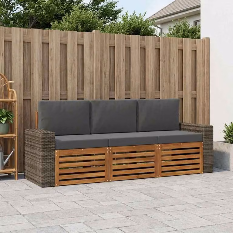 Set di divani da giardino vidaXL in legno di acacia massello con cuscini in tessuto, 3 pezzi, marrone e grigio