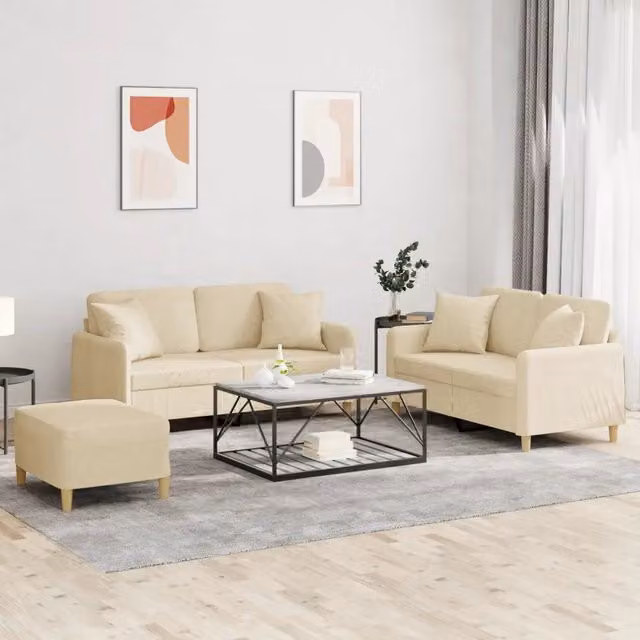 Set di divani 3 pezzi vidaXL in tessuto beige con cuscini per soggiorno