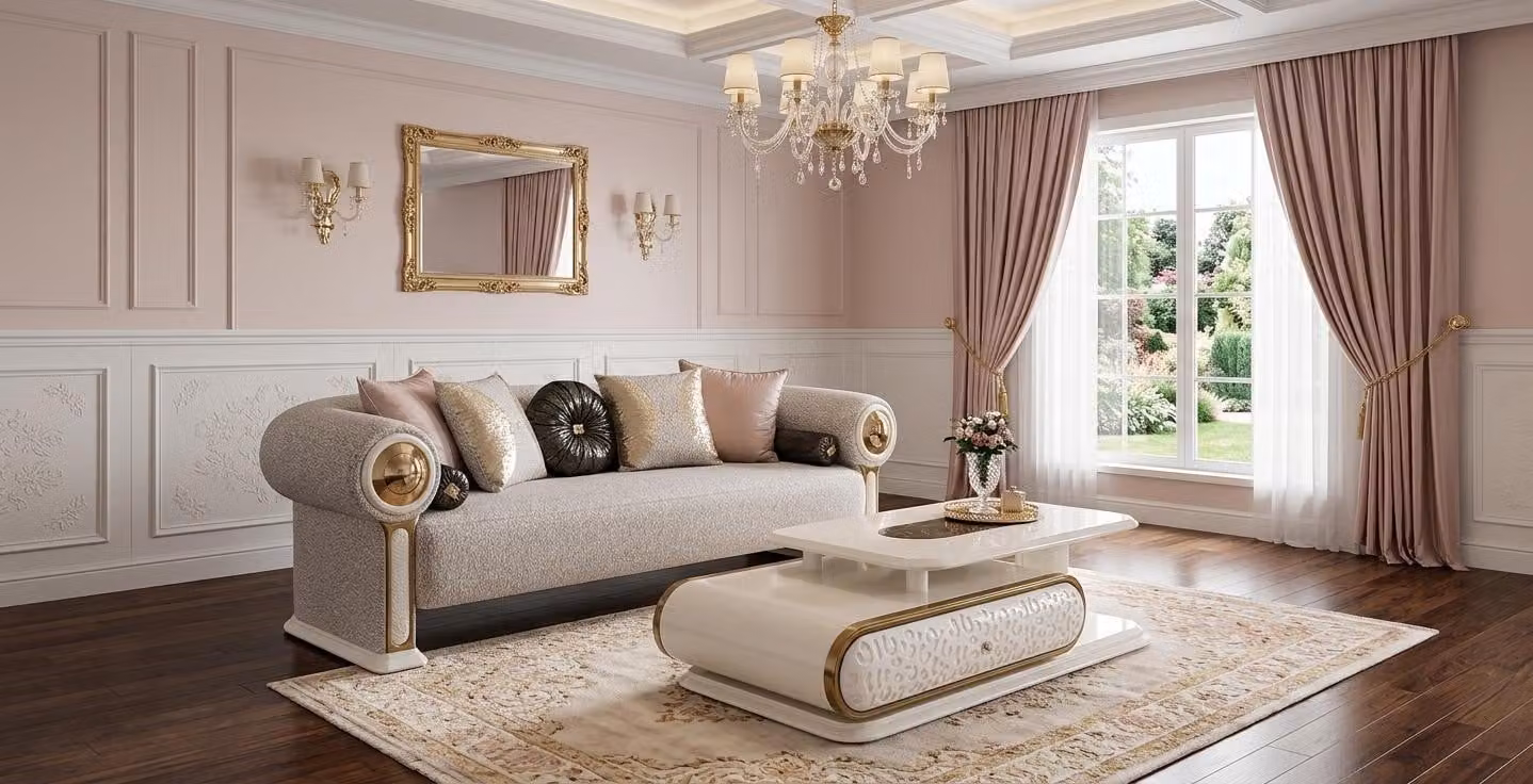 Divano, tavolino e set per soggiorno, stile moderno, colore grigio, design elegante