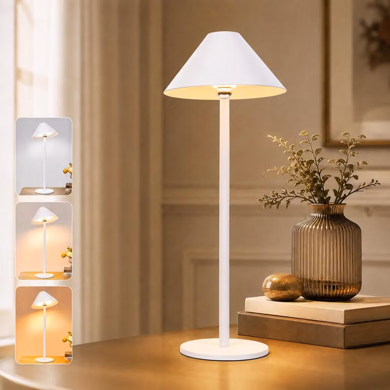 Lampada da tavolo LED con batteria da 4000mAh, lampada da tavolo senza fili, girevole magneticamente a 360°, 3 colori di luce, dimmeraggio continuo, lampada da comodino, bianca