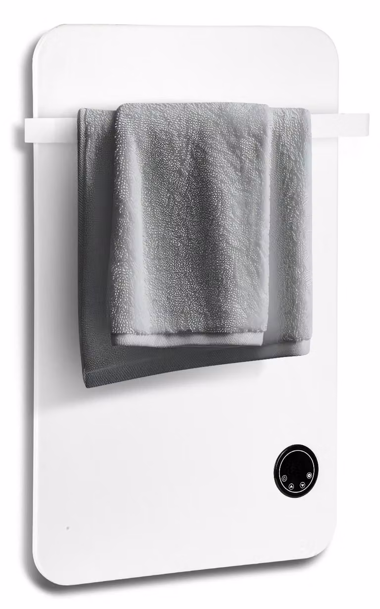 Riscaldatore a infrarossi Ikodm da 400W con Wi-Fi, termostato, telecomando, porta asciugamani, display touch e grado di protezione IP44, colore bianco