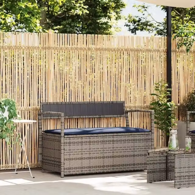 Panca portaoggetti da giardino vidaXL in polyrattan con cuscini blu e grigi L/P/H: 111.5 x 54.0 x 41.5 cm – 1
