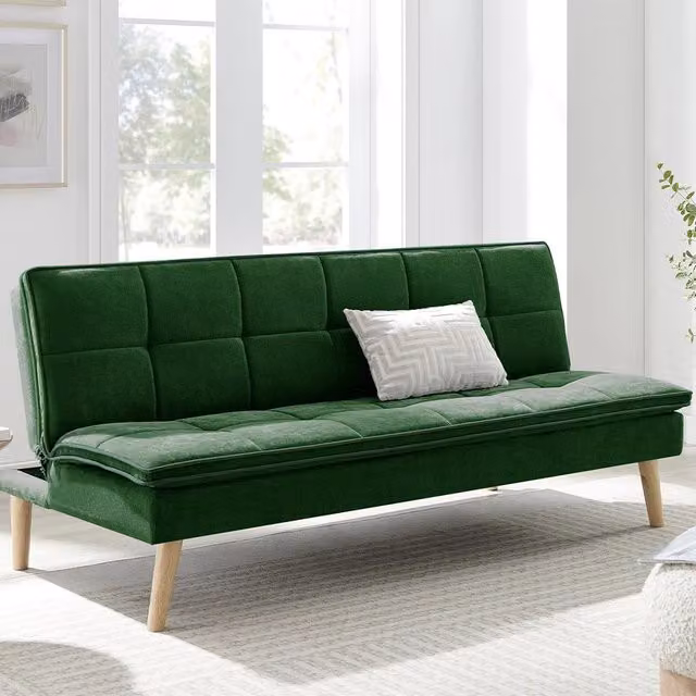 Divano Letto Reclinabile 3 Posti Ergonomico in Tessuto Verde con Gambe in Legno