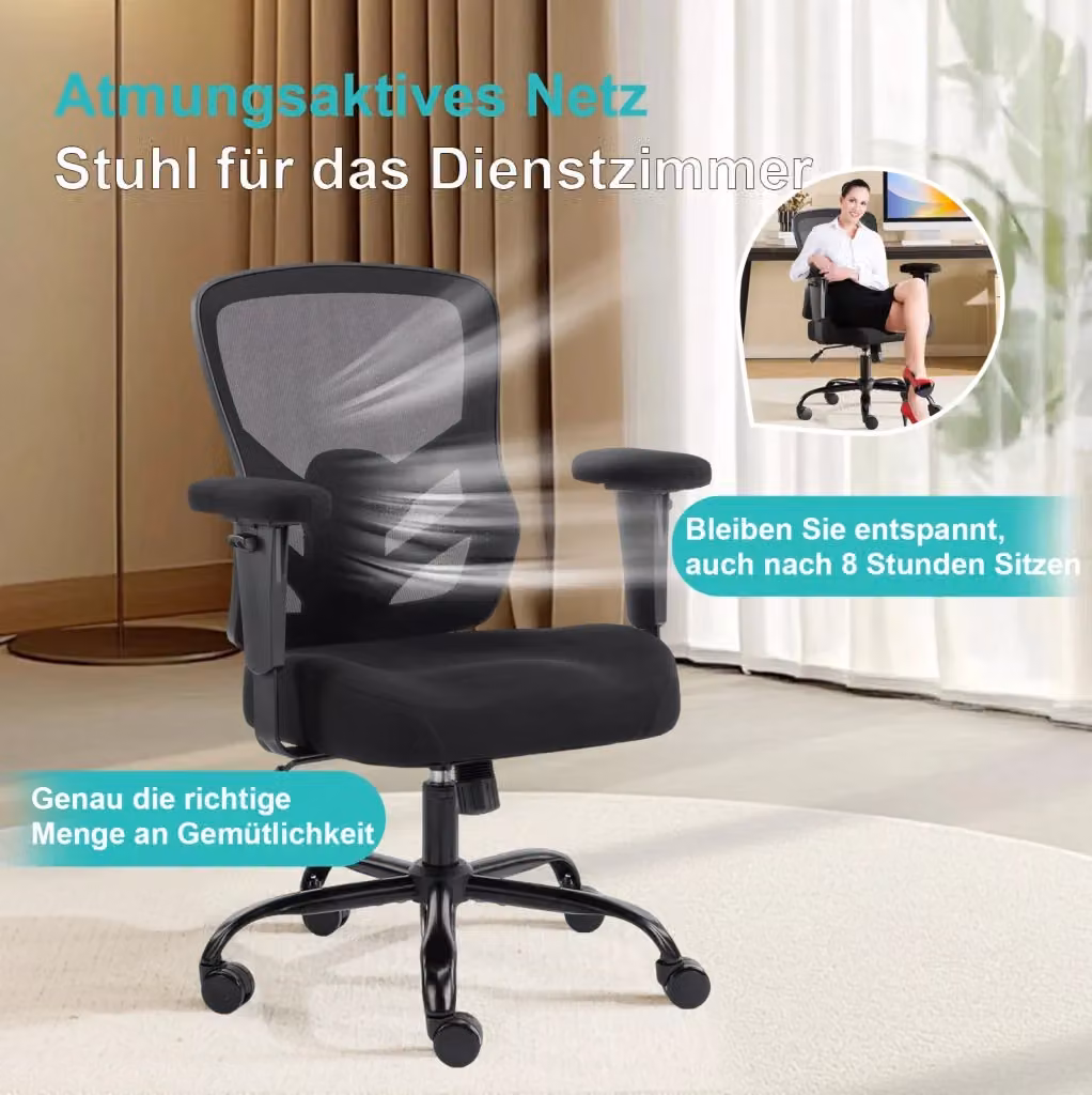 Sedia ergonomica da ufficio nera con braccioli e seduta in tessuto o pelle per casa e ufficio – 2