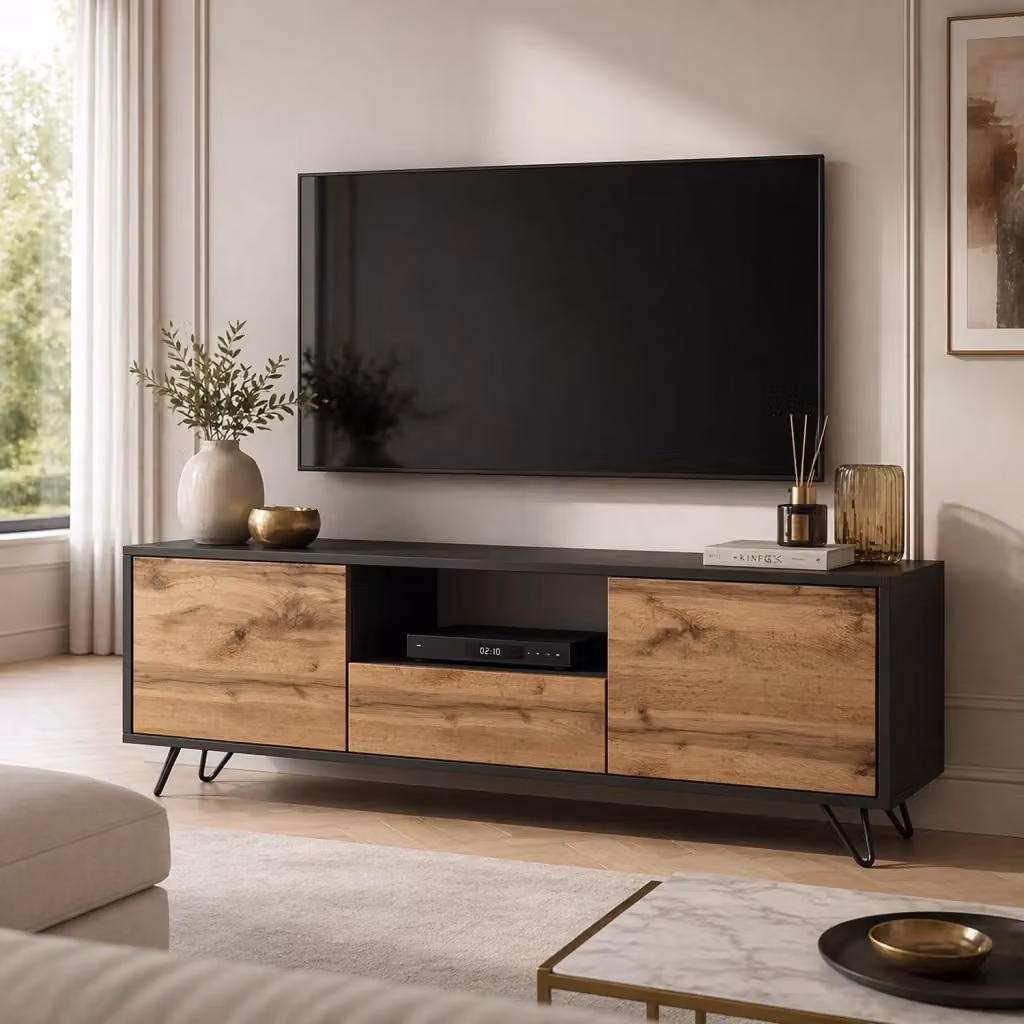 Mobile TV Arreditaly Design Moderno con 2 Ante Battenti e Vano a Ribalta, Nero e Rovere, L: 137 cm, P: 52 cm, H: 33 cm – 2