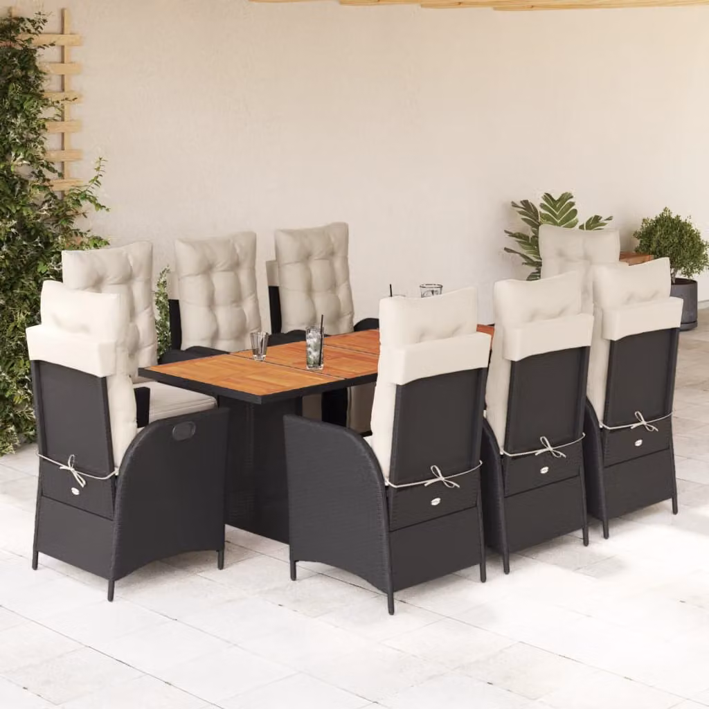 Set da pranzo da giardino vidaXL in legno di acacia oliato e polyrattan con 9 pezzi, nero e bianco – 1