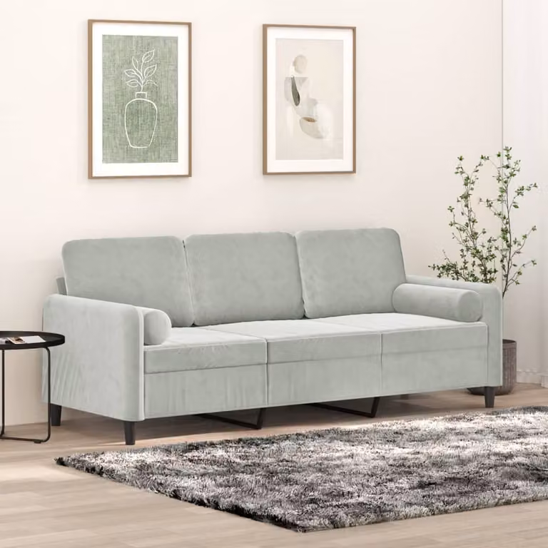 vidaXL Divano a 3 Posti Moderno in Velluto Grigio con Cuscini e Coperture Rimovibili L: 198 cm, P: 80 cm, H: 77 cm