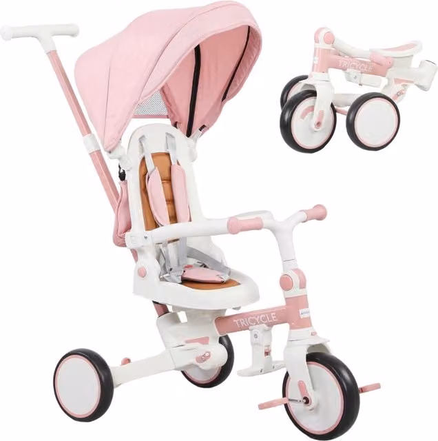 Triciclo convertibile 5 in 1 per bambini con maniglione regolabile e borsa portaoggetti, rosa – 1