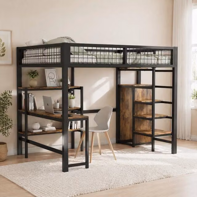Letto a soppalco 140x200 cm nero e marrone – scrivania e vani contenitore, senza materasso