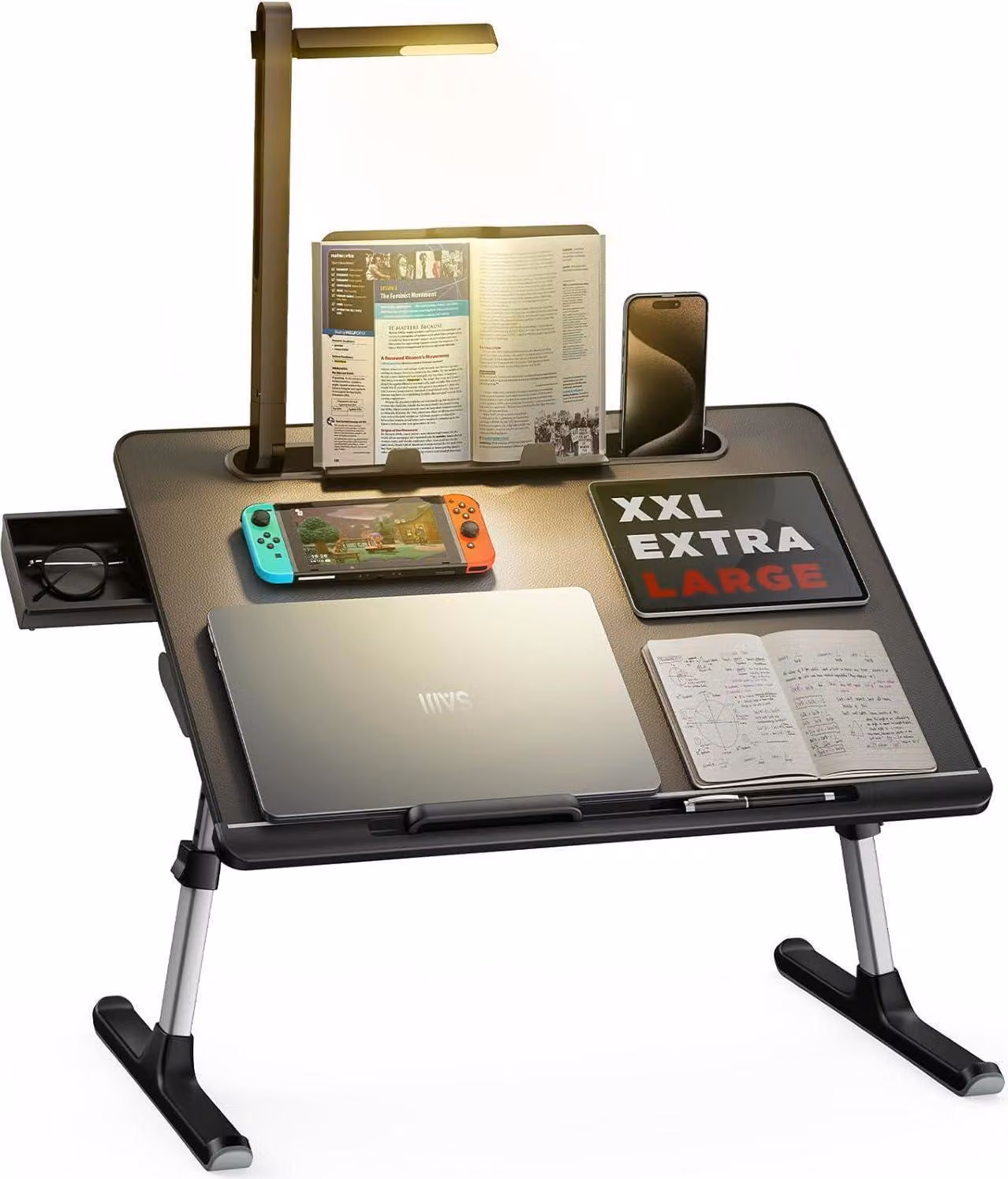 Tavolo per computer portatile Tavolo da letto con lampada LED Supporto per libri regolabile in altezza