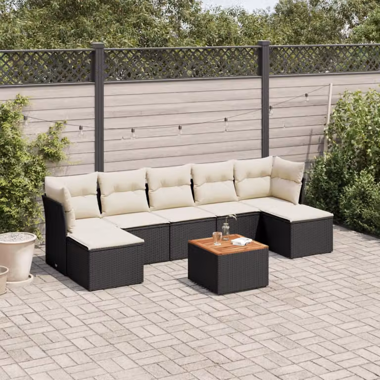 Set di divani da giardino vidaXL in polyrattan nero con cuscini e tavolino da esterno a forma di L