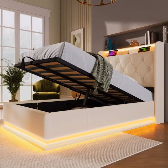 Letto contenitore 90x200 cm; singolo con contenitore idraulico; LED 360°; USB e Type-C; APP e telecomando; PU; bianco