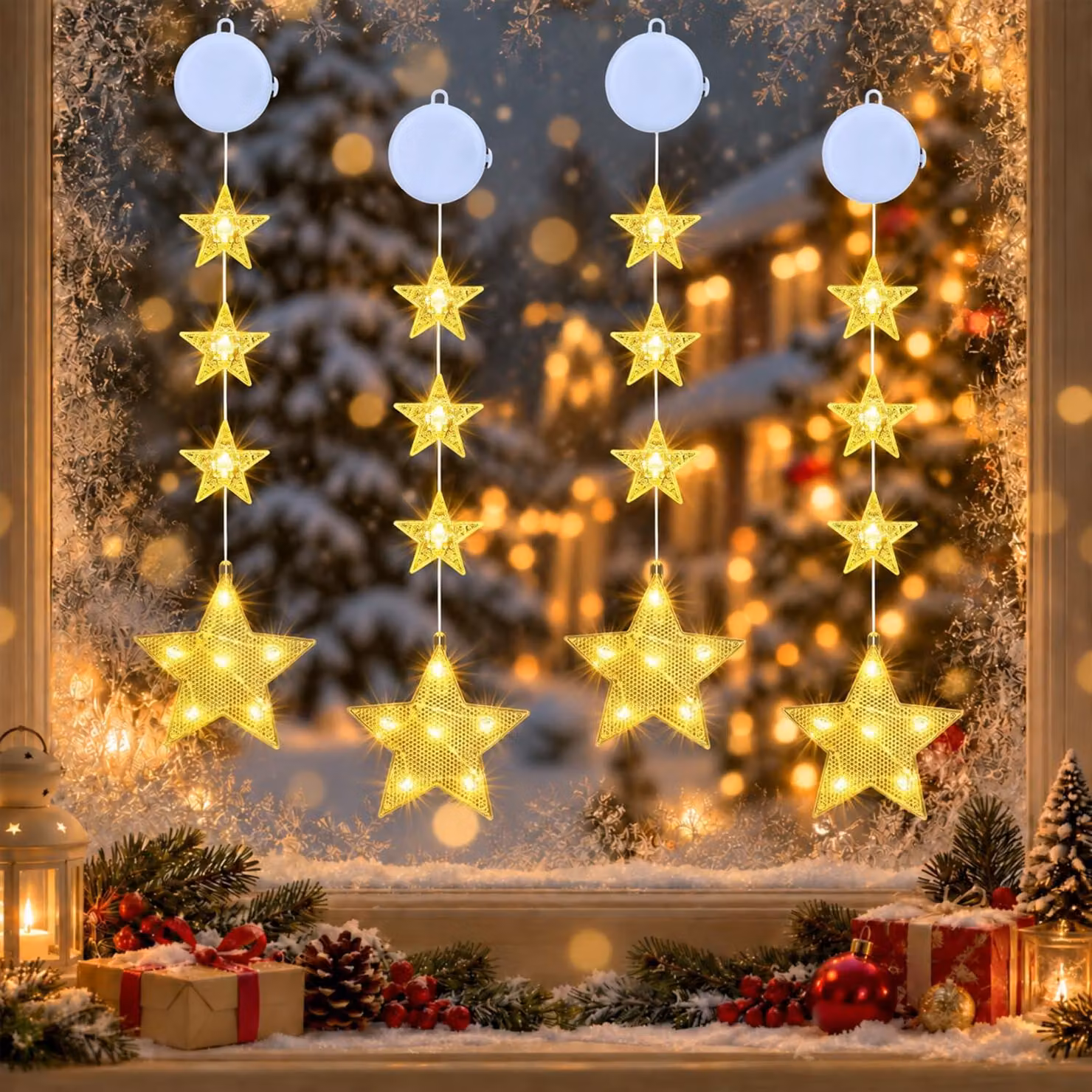 9 luci LED natalizie a forma di stella, set da 4, per finestre, con timer e luce bianca calda