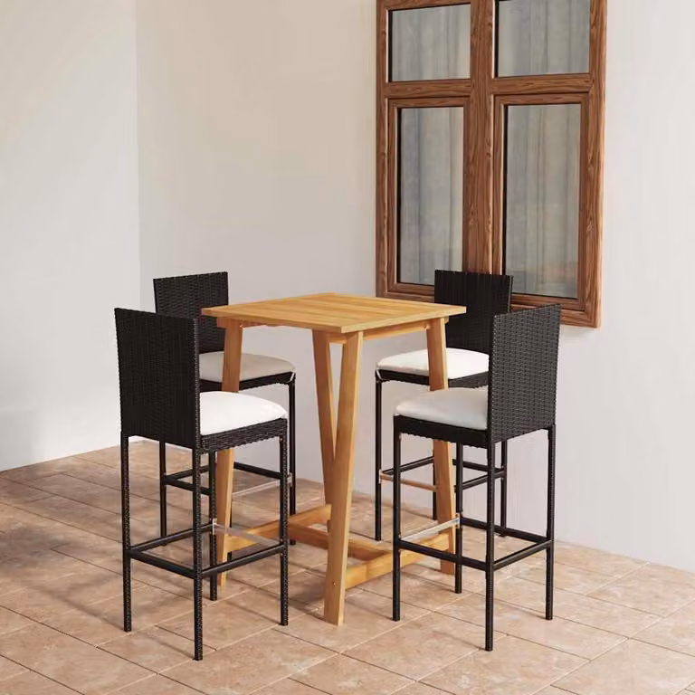 Set da Bar da Giardino vidaXL in Polyrattan e Legno di Acacia con 5 Pezzi e Cuscini Nero