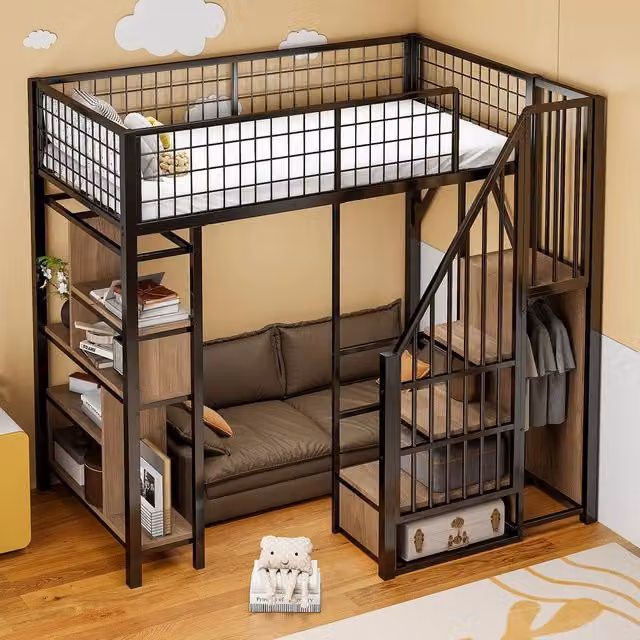 Letto a Soppalco Multifunzionale ¨C MINIMAL ¨C Metallo, Contenitore, Scala, 90x200, Nero