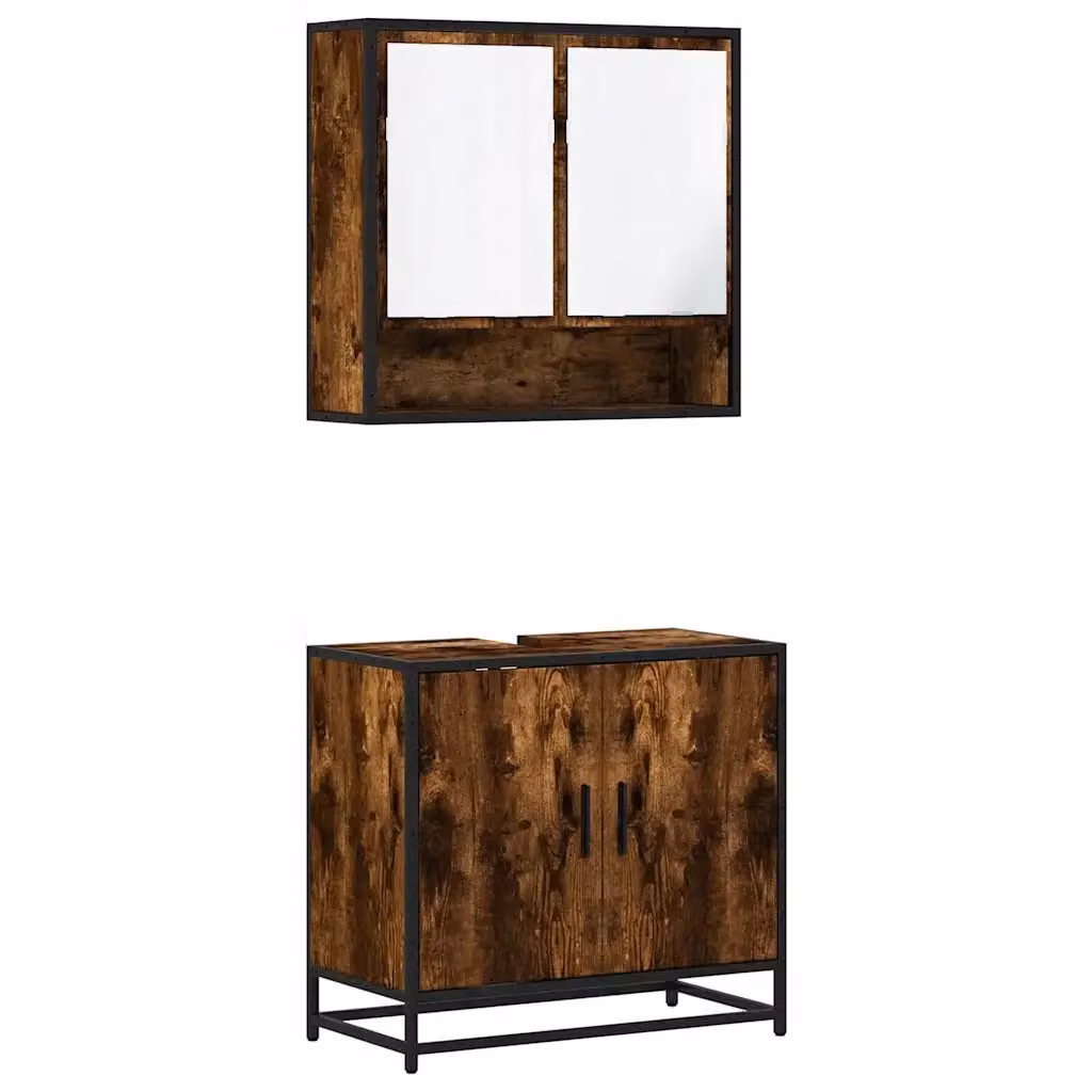 Set Mobili da Bagno 2 Pezzi vidaXL in Legno e MDF Marrone Stile Industrial con Mobile Lavabo e Armadietto Specchio – 2
