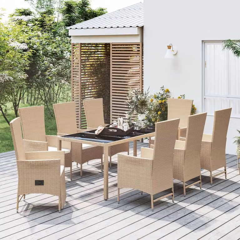 Set da pranzo da giardino vidaXL in polyrattan con cuscini beige e tavolo in legno di acacia con piano in vetro, 9 pezzi