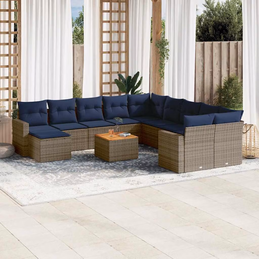 Set di divani da giardino vidaXL in polyrattan grigio con cuscini, tavolino e pouf a forma di U per esterno