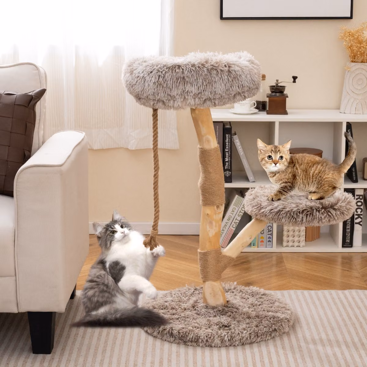 Torre per gatti moderna Costway in legno con piattaforme in iuta naturale, colore beige, Altezza: 92 cm