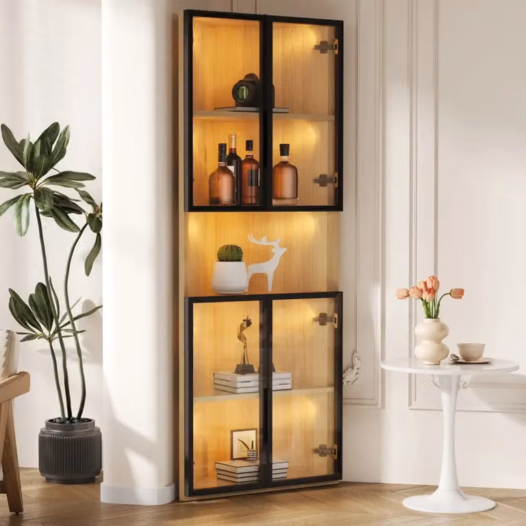 Vetrina angolare Mivray con LED integrati, ante in vetro temperato e chiusura ammortizzata, colore rovere, L: 62 cm, P: 32 cm, H: 160 cm
