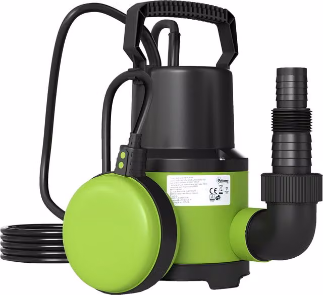 Pompa sommersa per acque sporche e pulite Outsunny da 400W con portata 9.000 L/h, gestione particelle fino a 15mm e interruttore a galleggiante, Verde – 1