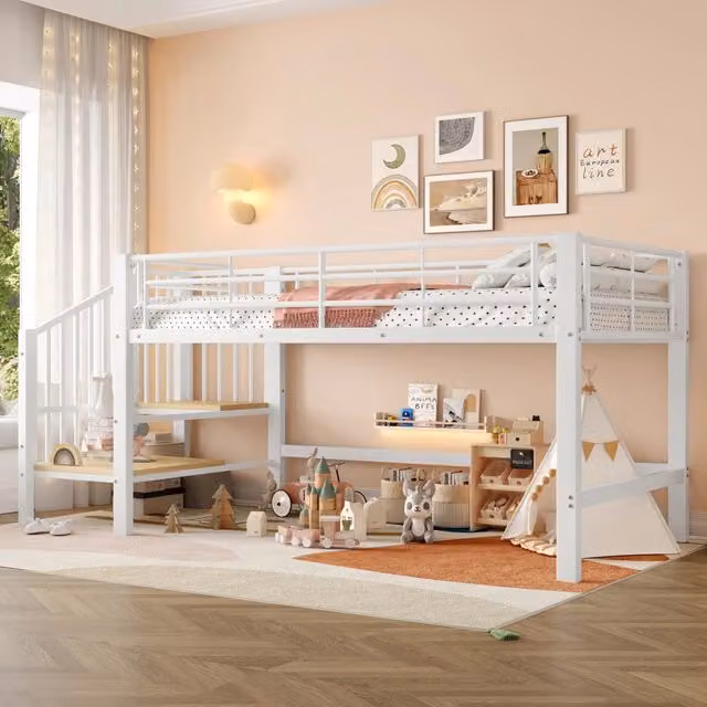 Letto alto semialto bianco con scala portaoggetti in MDF e metallo 90x200 cm