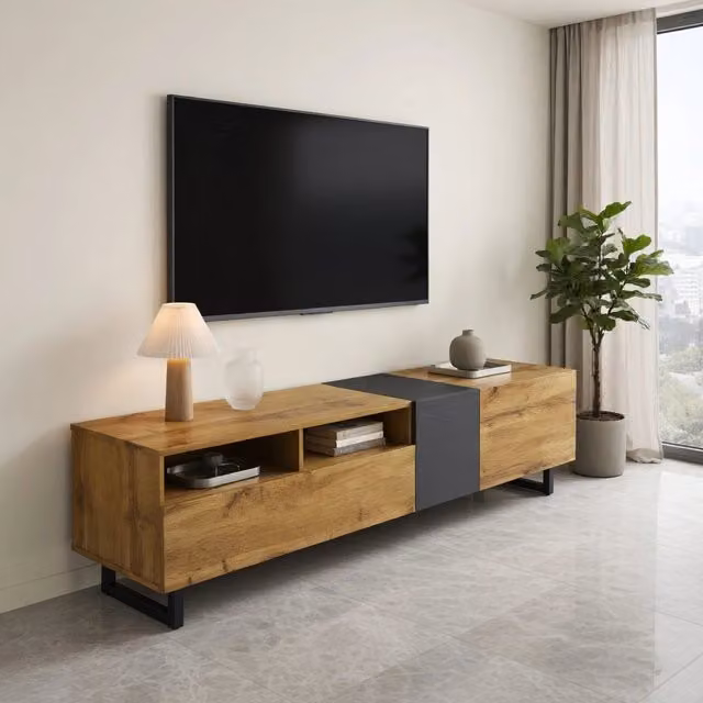 Cassettiera per TV KOMHTOM in stile retro, grigio e marrone, L: 170 cm, P: 42 cm, H: 36,5 cm
