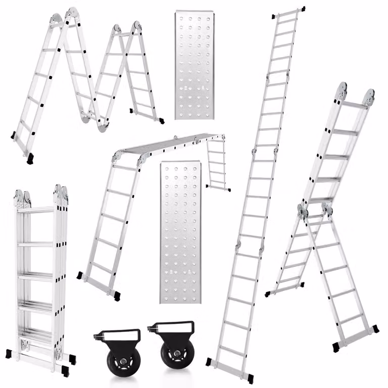 Scala multifunzione con 4 gradoni - 7 funzioni - Altezza 582 cm - Alluminio