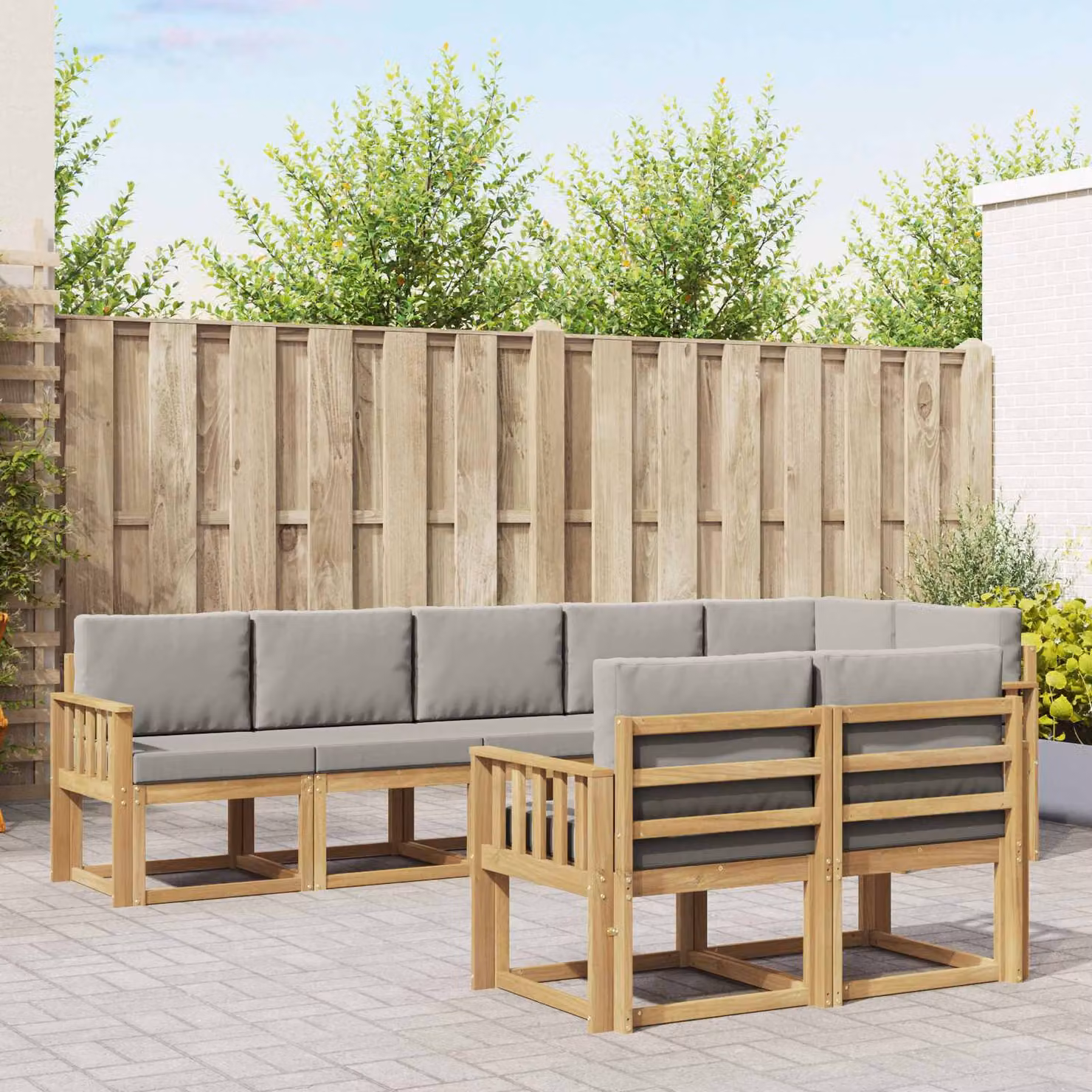 vidaXL Set di divani da esterno a L in legno di acacia con cuscini, 8 pezzi, Bianco, Grigio e Marrone