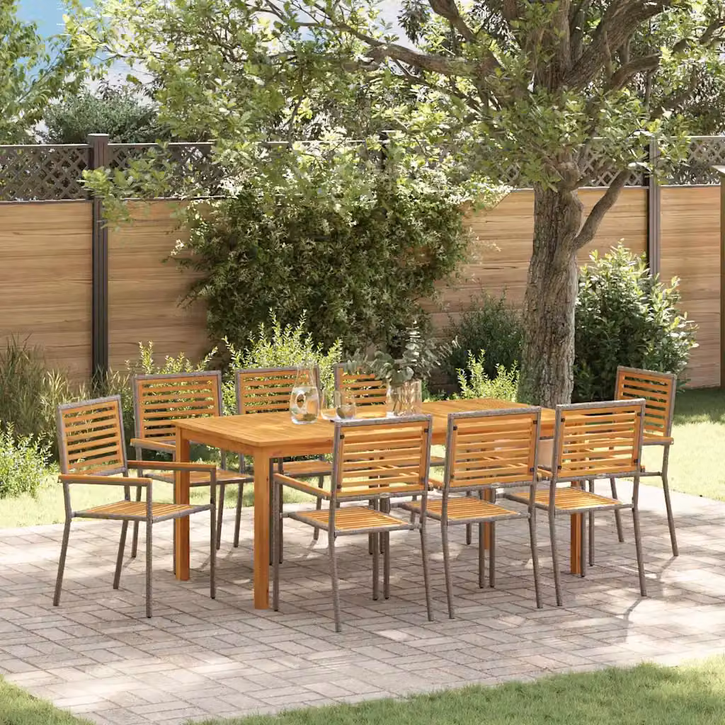 Set da pranzo da giardino vidaXL in rattan e legno di acacia, 9 pezzi, grigio e marrone, L: 180 cm x P: 90 cm x H: 75 cm