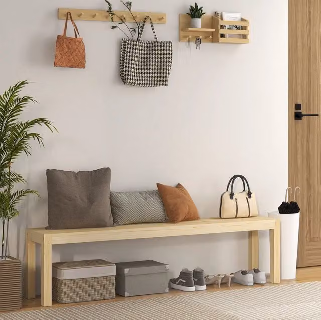 Panca 3 posti in legno di pino naturale 175x33x45 cm, stile rustico per cucina e giardino, carico max 330 kg