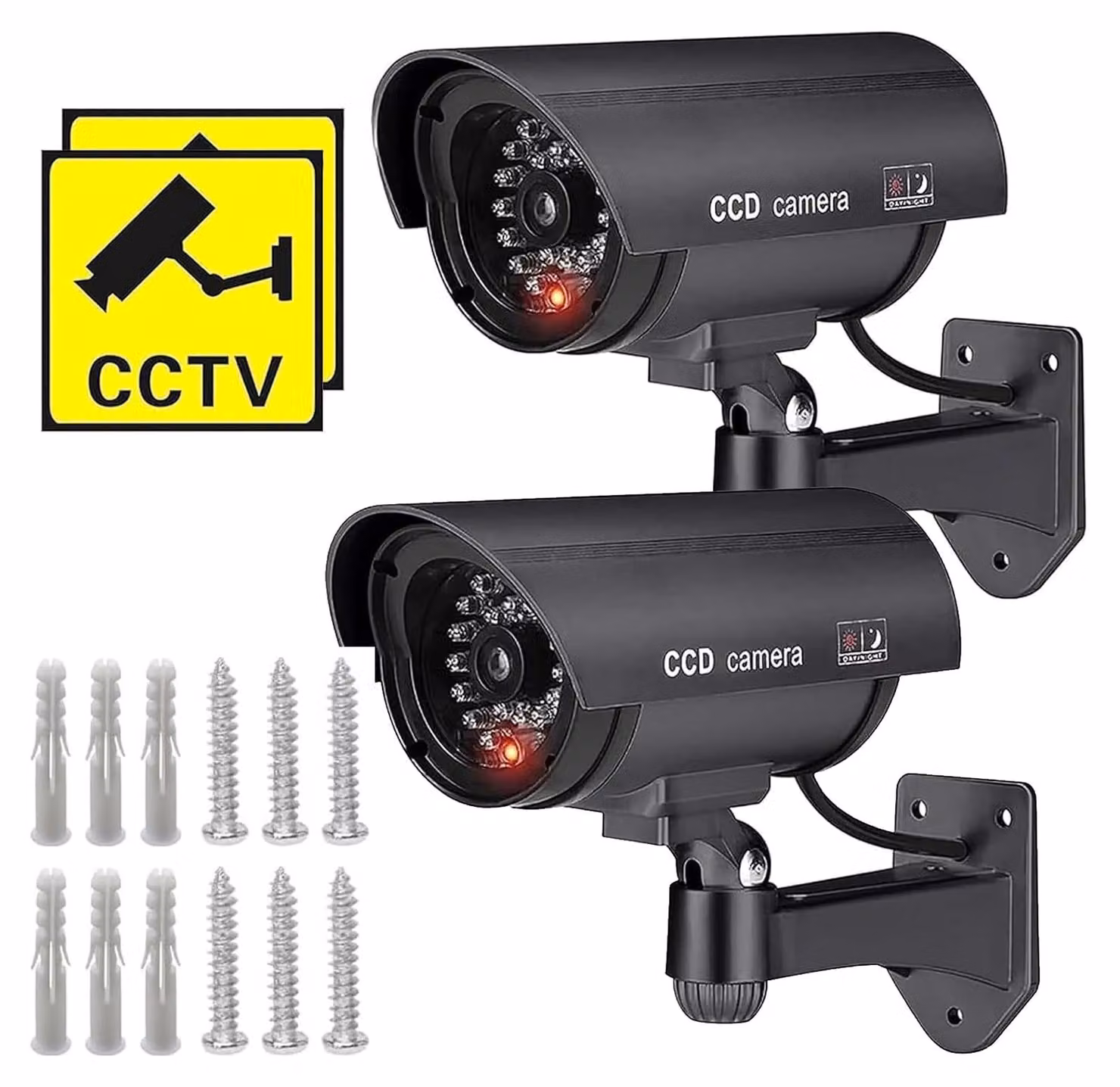 2 telecamere finte, telecamere di sicurezza finte per esterni, telecamere finte resistenti agli agenti atmosferici per uso esterno