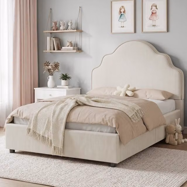 Letto singolo imbottito per bambini 90x200 cm con testiera in lino beige