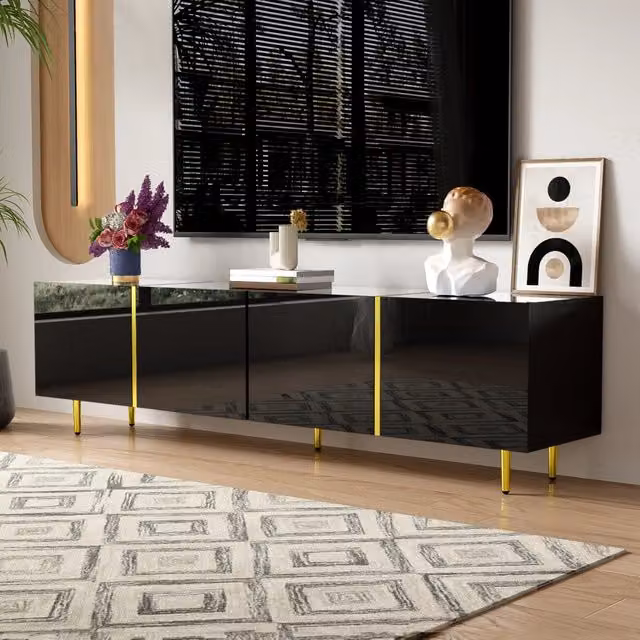 Mobile porta TV OKWISH moderno in MDF nero lucido con accenti oro e 4 ante con chiusura ammortizzata per soggiorno L: 170 cm, P: 35 cm, H: 46 cm