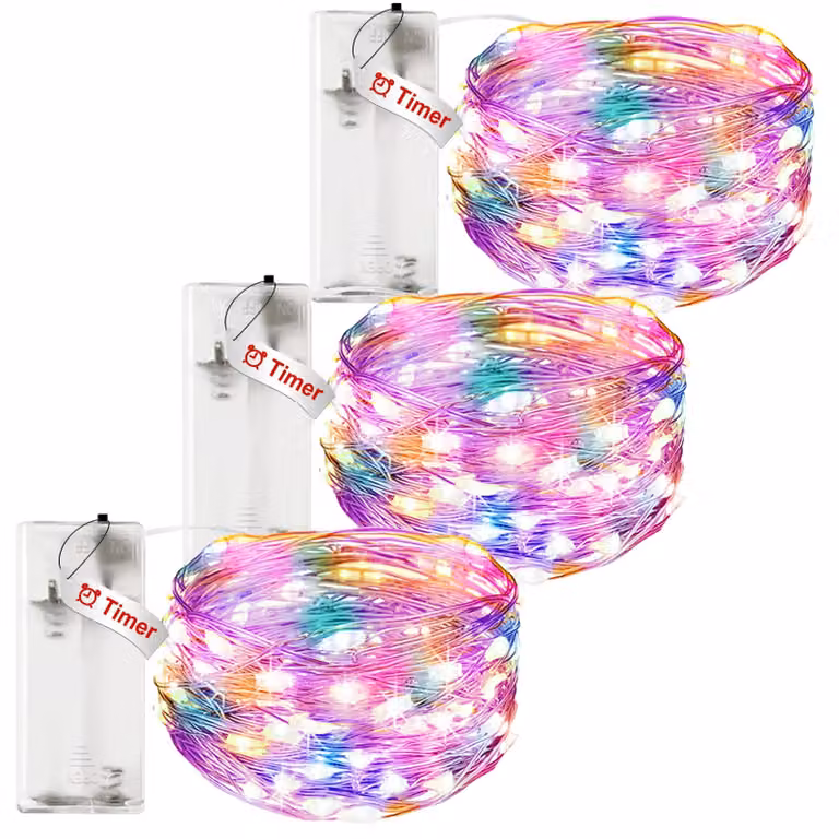 Catene luminose a LED, 3 pezzi, 5 metri, alimentate a batteria, colorate, per decorazioni