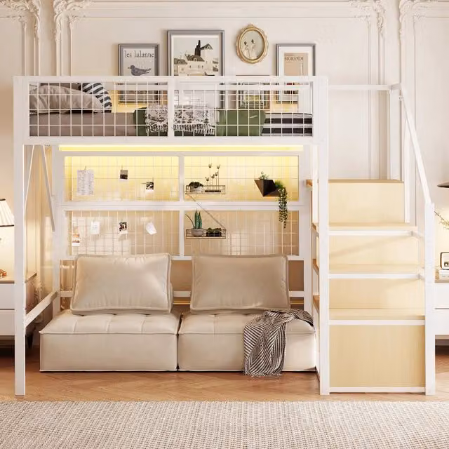Letto a soppalco in metallo 140x200 bianco con scala contenitore e luci LED