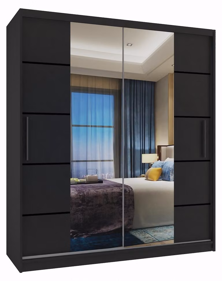 BELINI Verona, armadio scorrevole da 133 cm, nero opaco - armadio con specchio e 2 cassetti, ideale per la camera da letto