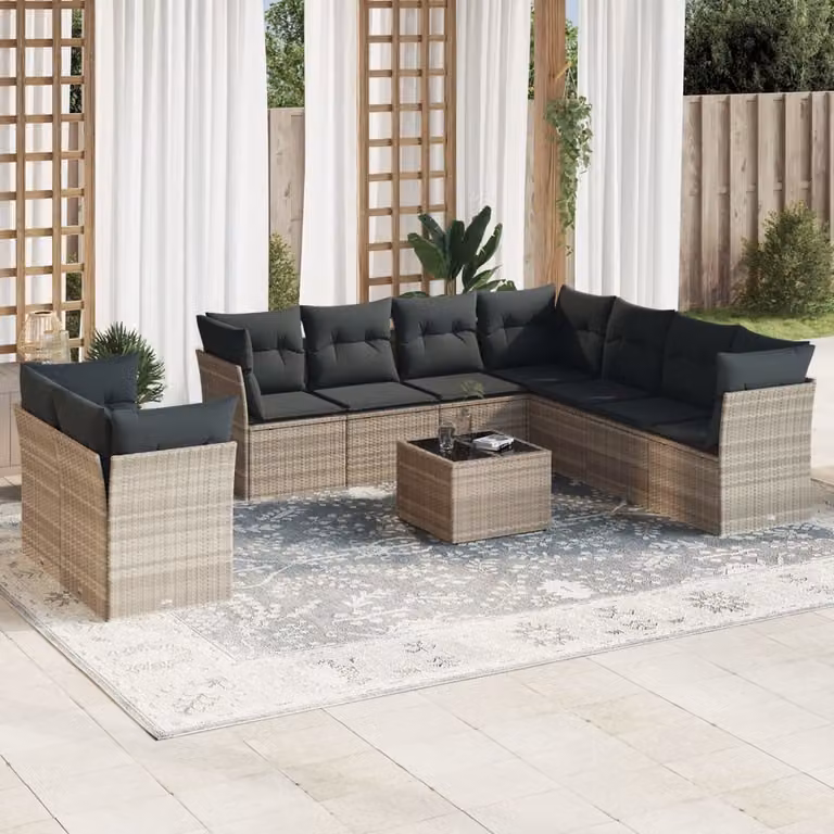 Set Divano da Giardino vidaXL 10 pz in Polyrattan Grigio con Cuscini e Tavolino da Caffè