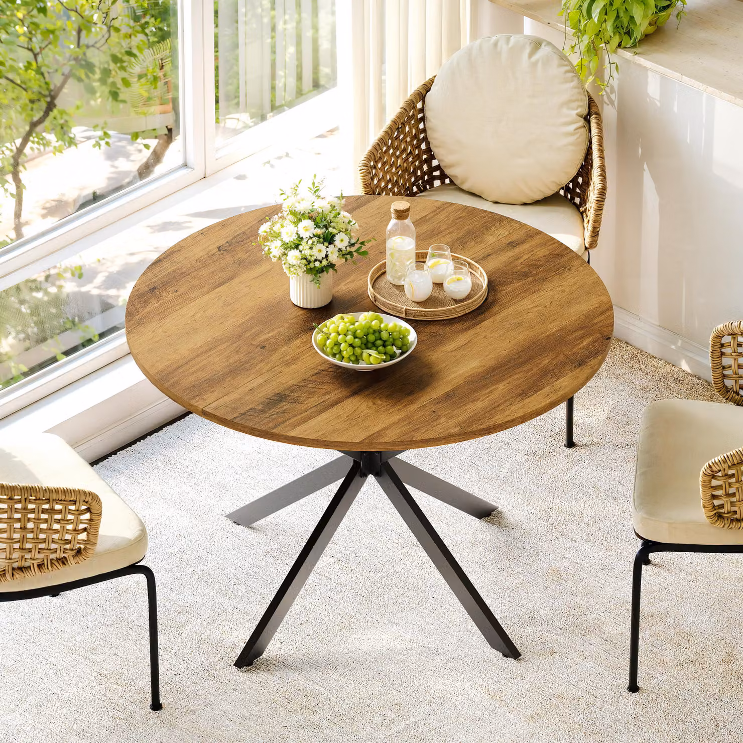 Tavolo rotondo da 120 cm, con gambe a X, in stile rustico, ideale come tavolo da pranzo, per il soggiorno, l'ufficio domestico o un bar