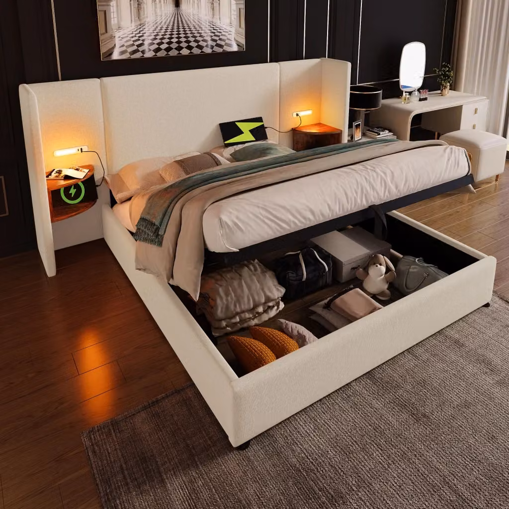 Letto matrimoniale contenitore OKWISH beige con ripiani, lampade da lettura integrate e porte USB e Type-C, L/P: 180 x 200 cm – 2