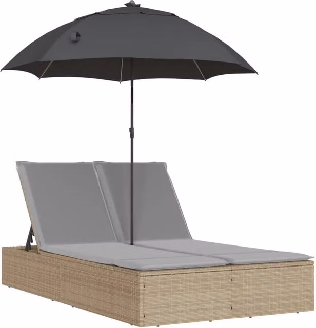 Lettino Prendisole | Sdraio da giardino | Lettino da sole Doppio Cuscini e Parasole Beige Polyrattan