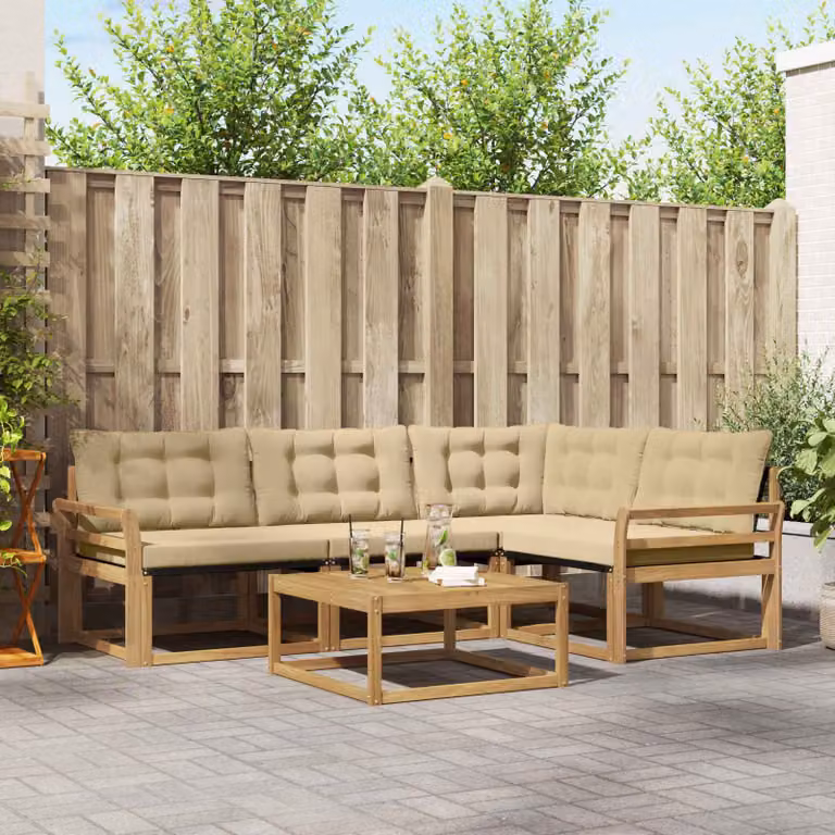 Set di divani da esterno vidaXL a forma di L con tavolo da caffè, struttura in legno di acacia e cuscini in tessuto beige e bianco