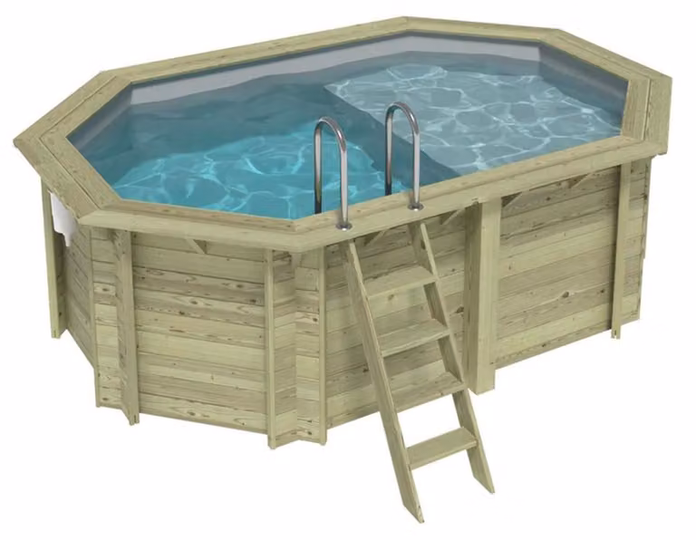Piscina in legno NEMO 4.3 x 3 – H.1.31 m con spiaggia, grigio, Su telaio - senza cementazione