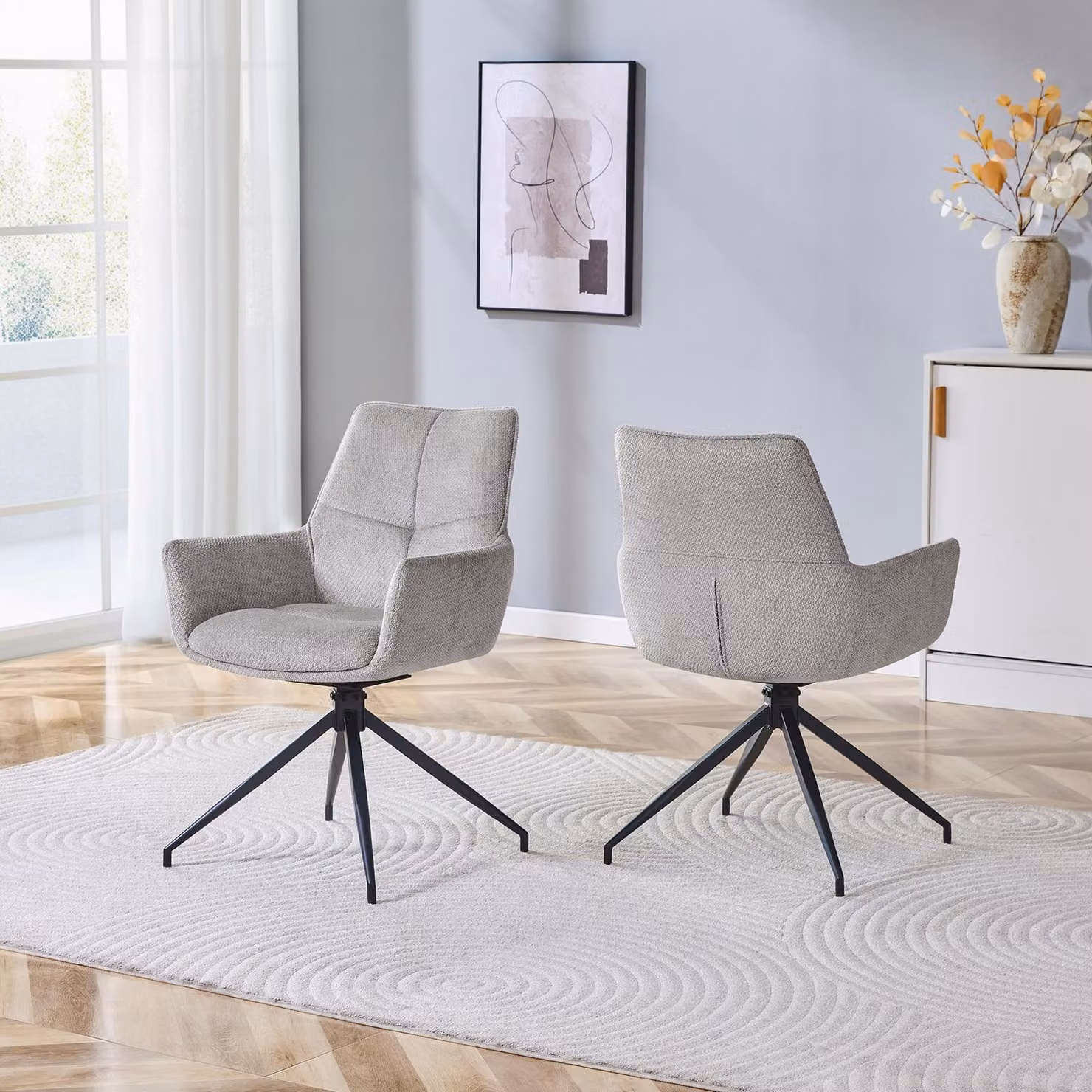 Set di due sedie girevoli, rivestite in tessuto, con gambe in metallo, girevoli a 360°, con tessuto traspirante (colore: nero, grigio)