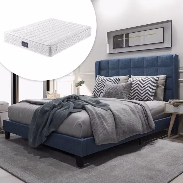 Letto Imbottito Matrimoniale con Testiera e Rete a Doghe ¨C MINIMAL ¨C 140x200 Blu Lino con Materasso