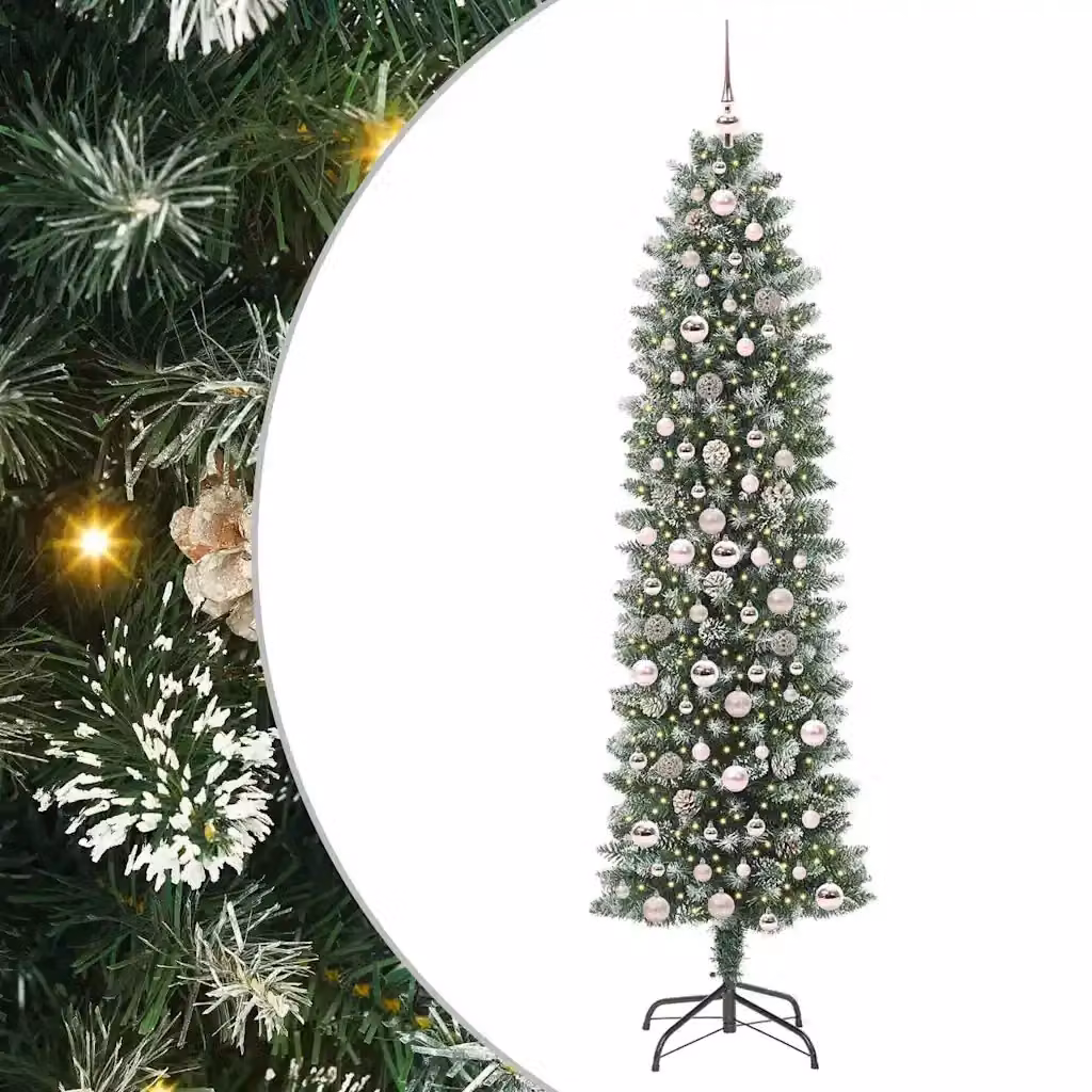 Albero di Natale Artificiale Sottile vidaXL Moderno Verde e Bianco con Luci LED Warm White – 2
